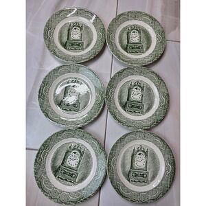 Vintage Royal China Old Curiosity Shop Green Transferware 6.25" Plates Set 6 A2
